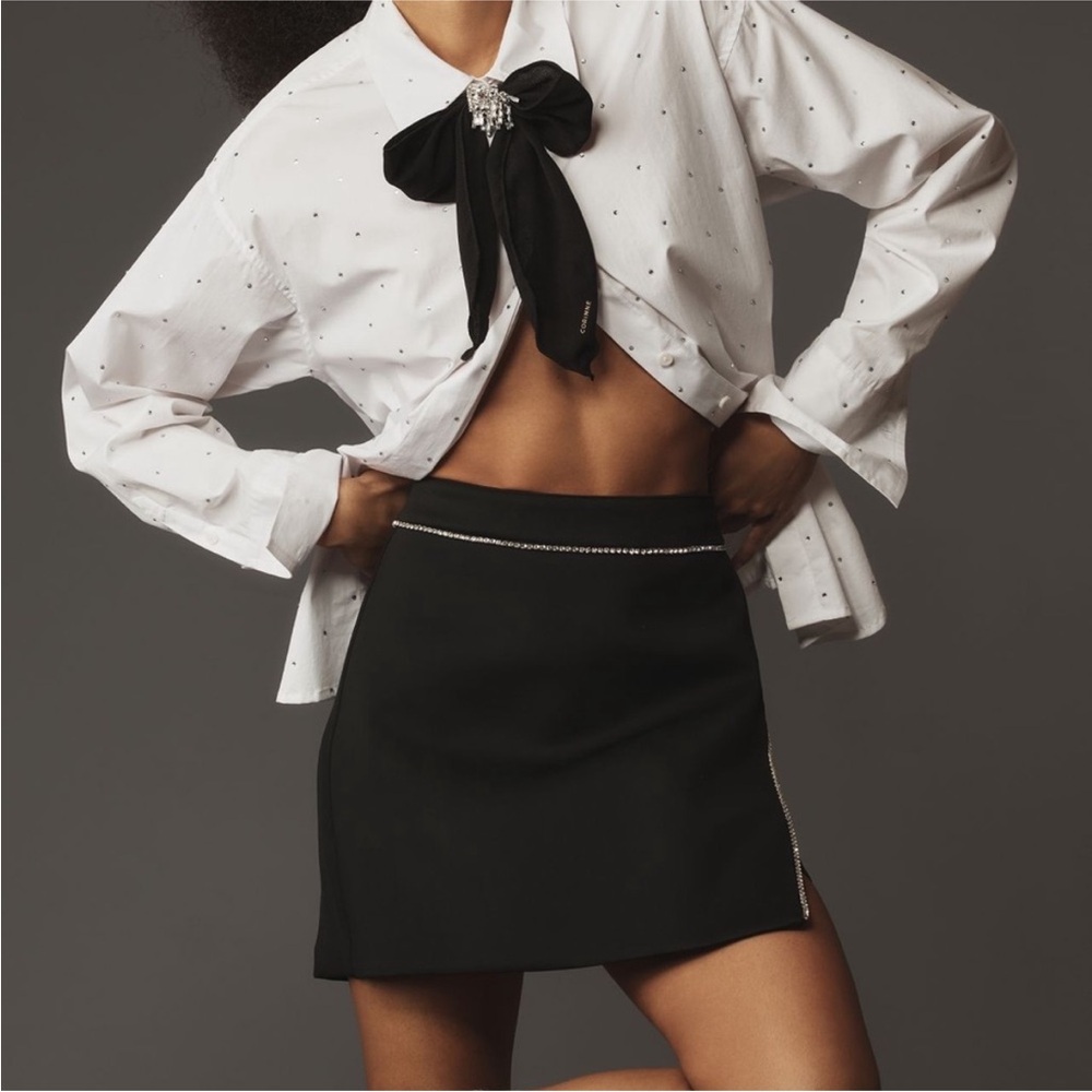 Good American Crystal Embellished Scuba Miniskirt Faux Wrap Black Clubwear 10/30